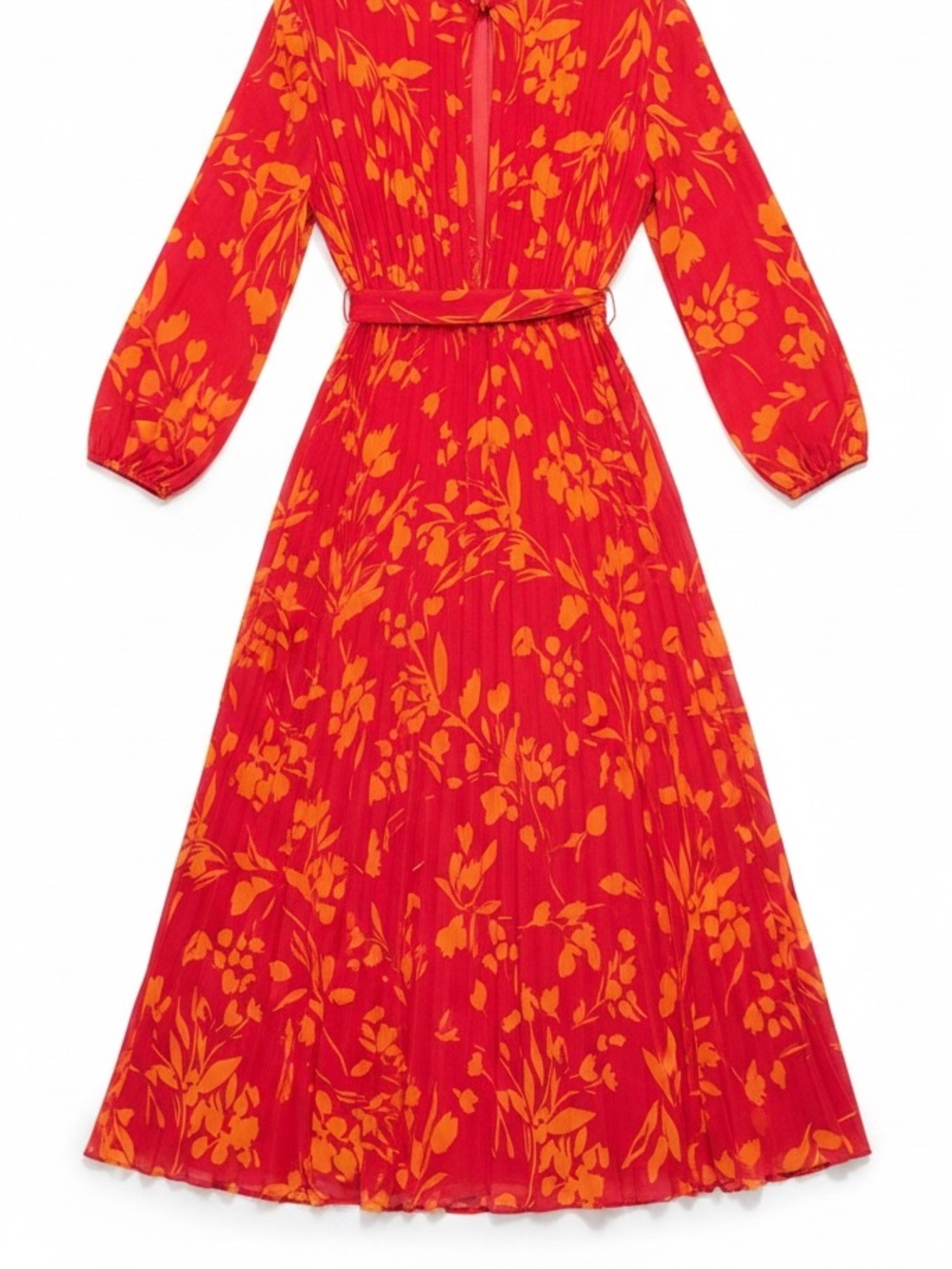 Motivi Georgette Botanical Print Pleated Midi Dress Red Orange Size 8 - Picture 4 of 9
